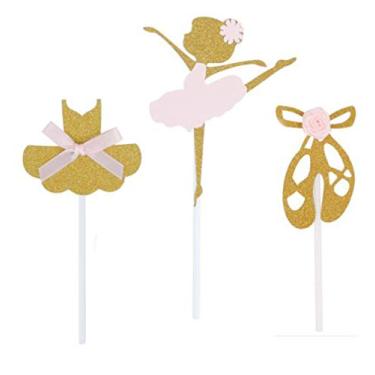 Imagem de Pacote com 24 pantufas de balé de bailarina dourada com purpurina, vestido de tutu, saia para meninas, cupcake com laço rosa ou flor para aniversário, chá de bebê, casamento, decoração para chá de panela, chá de fralda