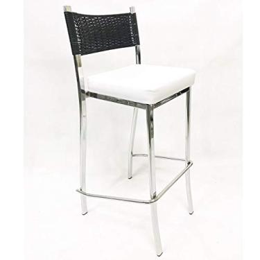 Imagem de Banqueta EMPILHÁVEL alta cromada assento branco fibra sintética preta - Poltronas do Sul
