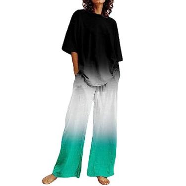 Imagem de Roupas femininas da moda de verão 2023 para mulheres, conjunto de 2 peças de linho roxo, blusas fofas, calças compridas, capri soltas, roupas casuais, K1 - verde menta, Medium