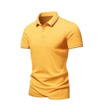 Imagem de Sungerdasa Camisa polo masculina de manga curta listrada gola piqué camiseta casual golfe, Dourado, M