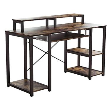 Imagem de Mesa de computador com prateleiras de armazenamento abertas, mesa de escrita moderna e resistente com bandeja de teclado e prateleira de monitor para escritório em casa