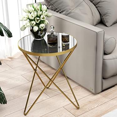 Imagem de HLR Mesa lateral redonda moderna, mesa de canto com tampo de mármore e moldura de metal dourada, mesa lateral pequena para sala de estar, quarto, sofá e sofá, pernas douradas, parte superior espelhada