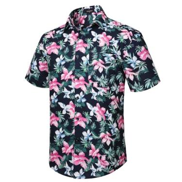 Imagem de Camisa masculina havaiana manga curta floral tropical Aloha camisa casual verão abotoado férias praia camisa com bolso, 14-preto/rosa, G