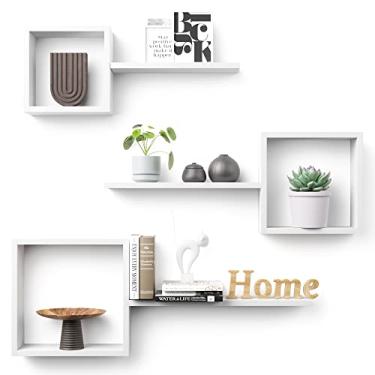 Imagem de Prateleiras flutuantes quadradas de madeira para montagem de parede, conjunto de 6 prateleiras de cubo flutuante, prateleiras de parede de cubo geométrico para decoração de parede, prateleiras flutuantes para quarto, sala de estar, banheiro, cozinha, escritório, branco.