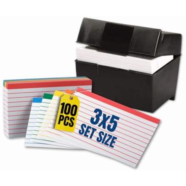Imagem de 1InTheOffice Suporte para cartão índice 3x5 e 100 peças 3x5 cartões de índice de cores pautadas codificadas cores sortidas (combinado)