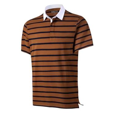Imagem de VANLYTK Camisas polo masculinas listradas, manga curta, algodão, piquê, casual, rúgbi, gola seca, camisas de golfe masculinas, Listrado marrom, GG