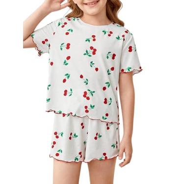 Imagem de SHENHE Conjunto de 2 peças de camiseta de manga curta com estampa de cereja e shorts para meninas, Branco, 11-12Y