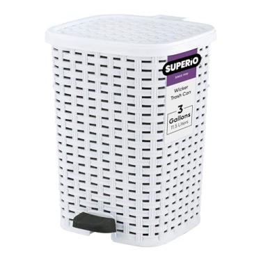 Imagem de Superio Lixeira pequena para uso externo com tampa para cocô de cachorro, mini lata de lixo de plástico de 12 litros com pedal para banheiro, quarto, escritório, pátio, vime branco