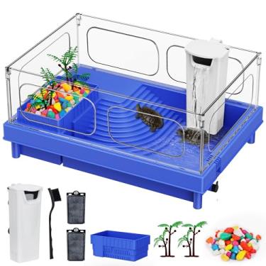 Imagem de Geegoods Tanque de tartaruga, kit de tanque de tartaruga pequena azul, aquário de tartaruga com filtro, pedras coloridas, pincel e planta pequena