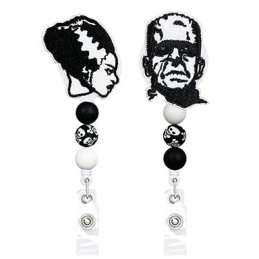 Imagem de Reeleer Carretel de crachá com contas de silicone retrátil Bride of Frankenstein, com clipes jacaré e chaveiro, cordão grosso de 61 cm