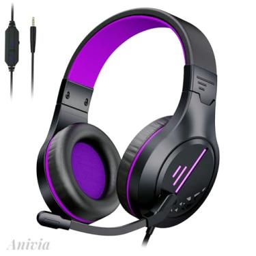 Imagem de Anivia Fone de ouvido para jogos com microfone para computador, fones de ouvido com fio para jogos com microfone, compatível com PS5, PS4, Xbox, preto e roxo