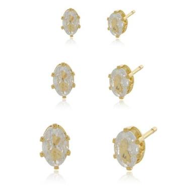 Imagem de Trio de Brincos de Zircônias Oval Semi Joia Banhado Ouro 18k Presente 