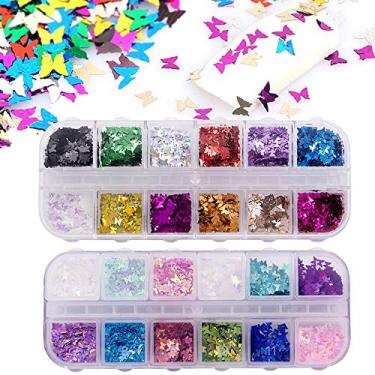 Imagem de 24 Color/Set 3D Butterfly Nail Glitter Sequins, Kalolary Laser Butterfly Nail Sequin Flake Acrylic Manicure Paillettes Face Body Lip Glitters for Nail Art Decoration Resin Mold DIY Makeup