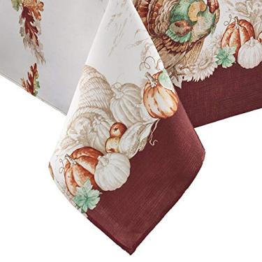 Imagem de Elrene Home Fashions Toalha de mesa de tecido com bordas de peru para outono/colheita/ação de graças, 132 x 132 cm, multi