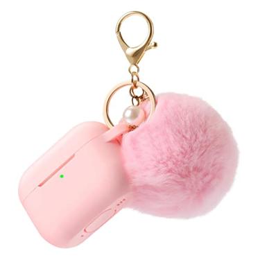 Imagem de Capa para Airpods Pro 2ª Geração Capa de Carregamento 2022, Capa Protetora de Silicone Macio com Chaveiro e Lindo Kit de Bola de Pom de Pele com LED Frontal Visível (Rosa Claro)