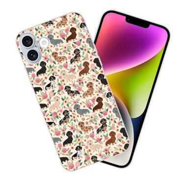 Imagem de HUIYUEKUAI Capa compatível com iPhone 16, cão fofo engraçado dachshunds cão floral capa para iPhone proteção à prova de choque TPU capa transparente para homens e mulheres
