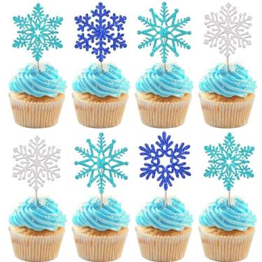Imagem de Rsstarxi 30 Pack Snowflake Cupcake Toppers Blue Glitter Winter Frozen Theme Snowflake Cupcake Picks Decorations for Baby Shower Kids Birthday Christmas Party Cake Decorations