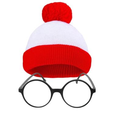 Imagem de CICEYET Gorro adulto de Halloween vermelho e branco Waldo chapéu de tricô listrado com pompom de Natal (chapéu vermelho + óculos)