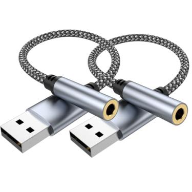 Imagem de Pacote com 2 adaptadores de áudio USB para conector de 3,5 mm, cabo auxiliar USB para áudio, placa de som estéreo externa, USB-A para fone de ouvido fêmea TRRS de 3,5 mm para PS4/PS5/fone de ouvido