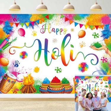 Imagem de Happy Holi Pano de fundo de 20 x 1,8 m para festivais indianos hindus para fotografia de festa em estilo grafite colorido, suprimentos de decoração de festa holi para ambientes internos