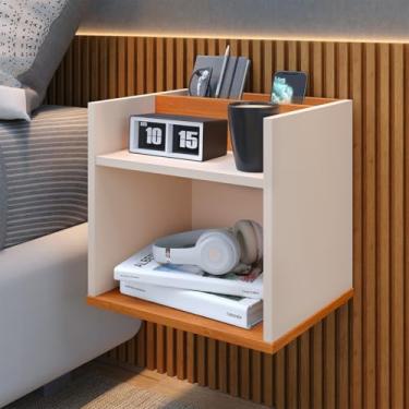 Imagem de Mesa de Cabeceira Aberta Suspensa Parede Quarto Mesinha Lateral Cama Nicho Decoração Retrô Madri (Offwhite/Freijó)