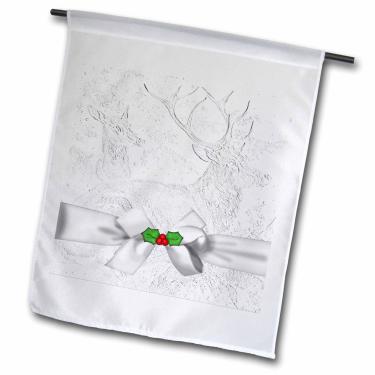 Imagem de 3dRose fl_62828_5" Bandeira de jardim com renas em branco com laço prateado e azevinho com aparência gravada, 45,72 x 68,72 cm