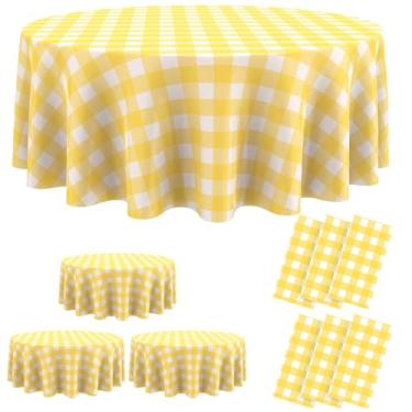 Imagem de Remagr Toalha de mesa xadrez descartável redonda de plástico xadrez buffalo, 213 cm, capa de mesa guingão para piquenique, acampamento, churrasco, festa de formatura (amarelo e branco, 6 peças)