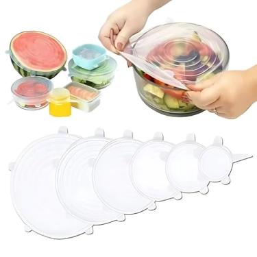 Imagem de Kit 6 Peças Tampas Silicone Universal Reutilizáveis Flexíveis Herméticas Compatíveis Com Potes Panelas Frutas Geladeira Congelador (Transparente)