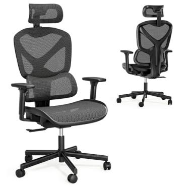 Imagem de Cadeira de escritório de malha ergonômica com suporte lombar adaptável, cadeira de escritório grande e alta com apoio de braço 3D, malha respirável, encosto inclinado, rodas de poliuretano, cadeira de