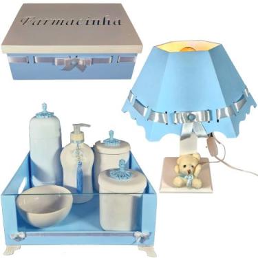 Imagem de Kit higiene quarto de bebê porcelana mdf 8 pçs - Azul bb e Branco - AR