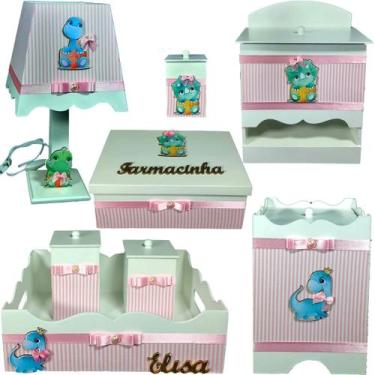 Imagem de Kit Higiene bebê Mdf 8 peças Dinossauro Menina Rosa Listrado - Flores 