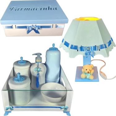 Imagem de Kit higiene quarto de bebê porcelana mdf 8 pçs - Branco e azul bb - AR