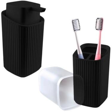 Imagem de Kit Dispenser Sabonete 400ml E Porta Escovas De Dente Com Tampa (Preto)