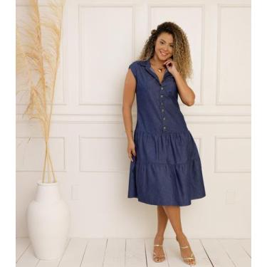 Imagem de Vestido Midi Jeans Feminino Sem Manga Com Babado - Moda Slim e Plus Si