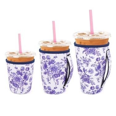 Imagem de Pacote com 3 mangas de neoprene isoladas para café gelado com alça para bebidas frias, suporte de copo reutilizável para xícaras de café de 473 g - 946 ml (porcelana floral)