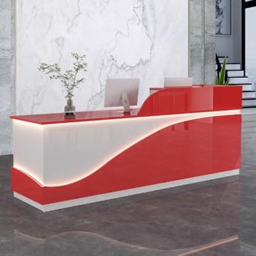Imagem de Mesa de recepção moderna para escritório, balcão de recepção, recepção de recepção, mesa de balcão de escritório de madeira projetada com tiras de luz para salões de beleza, vermelho + branco, 120 cm