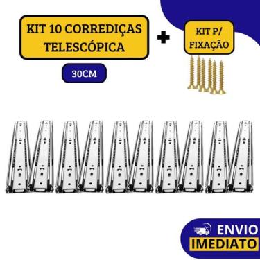Imagem de Kit 10 Corrediças Gaveta Trilho Telescópica Light Com Parafusos 30cm -