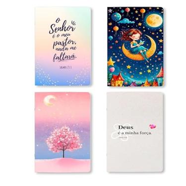 Imagem de Kit 4 Cadernos, caderneta, A5, 80 Páginas brancas Sem Pauta, 90g, Conjunto com 4 Designs, Grampeados, estilo Midori