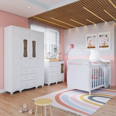 Imagem de Quarto de Bebê com Guarda-roupas 4 Portas Cômoda com Janelas e Berço 100% Mdf Aurora Espresso Móveis Branco Brilho