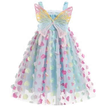 Imagem de OBEEII Vestido tutu de tule com asa de borboleta 3D sem mangas para meninas e meninas vestido de verão princesa chique vestido de festa de aniversário, Azul, 4-5T