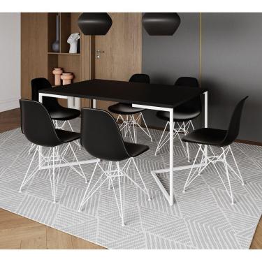 Imagem de Mesa Industrial Jantar Retangular 137X90Cm Preta Base V Com 6 Cadeiras Eames Eiffel Pretas Ferro Bra