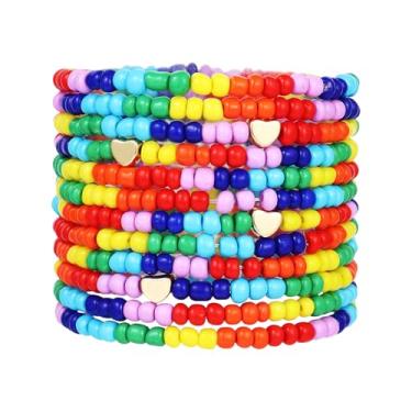 Imagem de QRH Conjunto de 12 pulseiras boêmias empilháveis arco-íris coloridas em várias camadas boho semente arco-íris contas amor coração pulseira elástica LGBT orgulho gay mês desfile amizade bijuteria