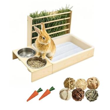 Imagem de Caixa de areia de coelho com alimentador de feno, caixa de areia de coelho para cobaia, coelhinho de chinchila e outros animais pequenos (natural)