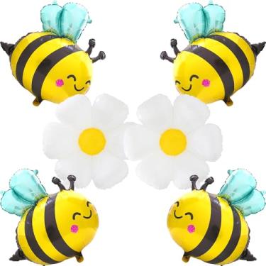 Imagem de Cute Smile Bee Balloon White Flower Daisy Balloon For Baby Shower Birthday Retro Hippie Groovy Boho Spring Party Supplies, 6 Pack Bee Day Balloons (4 Honeybee+2 Daisy) Woodland Animal Bumble Bee Decor