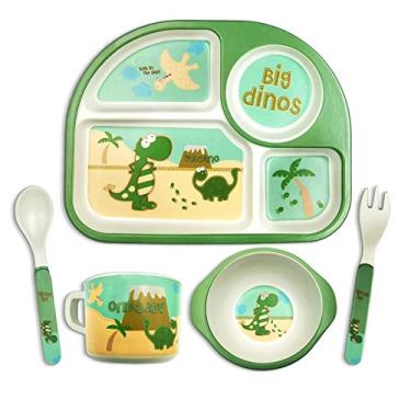 Imagem de DAYOOH Conjunto De Pratos E Tigelas Para Bebês, Prato De Dinossauro, Louças De Bambu Para Alimentação Infantil, Garfo, Colher, Tigela, Copo Com Utensílios De Desenho Animado, Tigela Para Alimentação