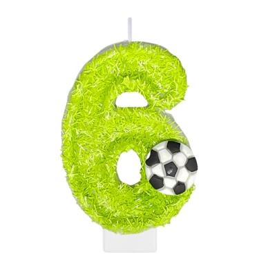 Imagem de Velas de número de aniversário de futebol para bolo, vela verde número 6, topo de bolo de futebol para decoração de festa de aniversário, suprimentos de lembrancinhas