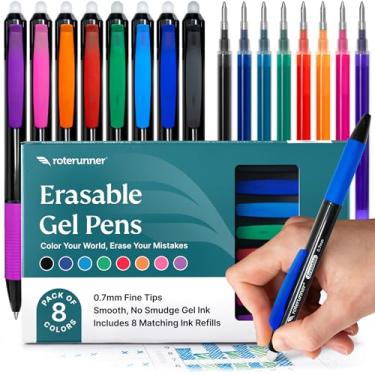 Imagem de Roterunner 8 canetas de gel coloridas apagáveis com refis de tinta de 0,7 mm, escrita vibrante e suave para planejamento de anotações, coloração, diário, trabalho escolar e projetos, tinta sem erros