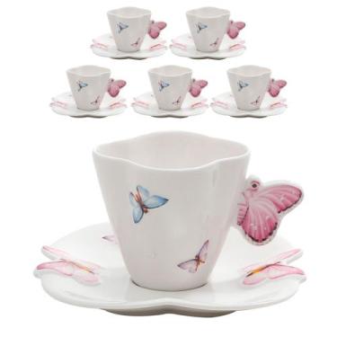 Imagem de Jogo 6 Xícara de Chá Porcelana com Pires Borboletas 200ml Wolff