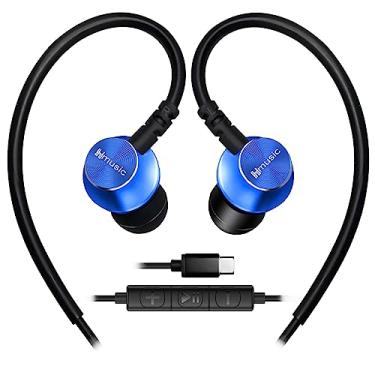 Imagem de Hmusic Fones de ouvido esportivos com fio com microfone, fones de ouvido intra-auriculares USB tipo C com gancho para esportes, corrida, treino, exercícios, academia (azul)