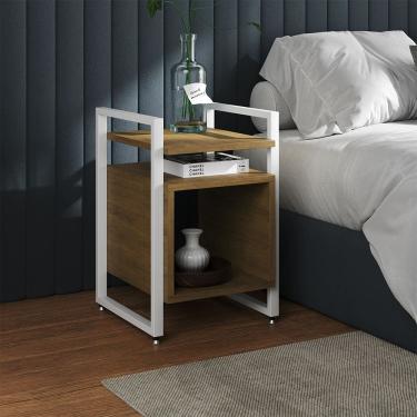 Imagem de Mesa de Cabeceira Industrial Marrocos Ferro Branco e Tampo Freijó